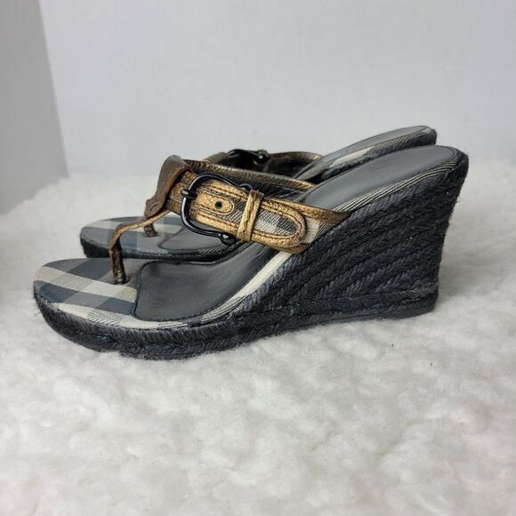 Burberry Womens Size 7.5 Metallic Bronze Leather Wedge Espadrille Thong - Picture 8 of 12